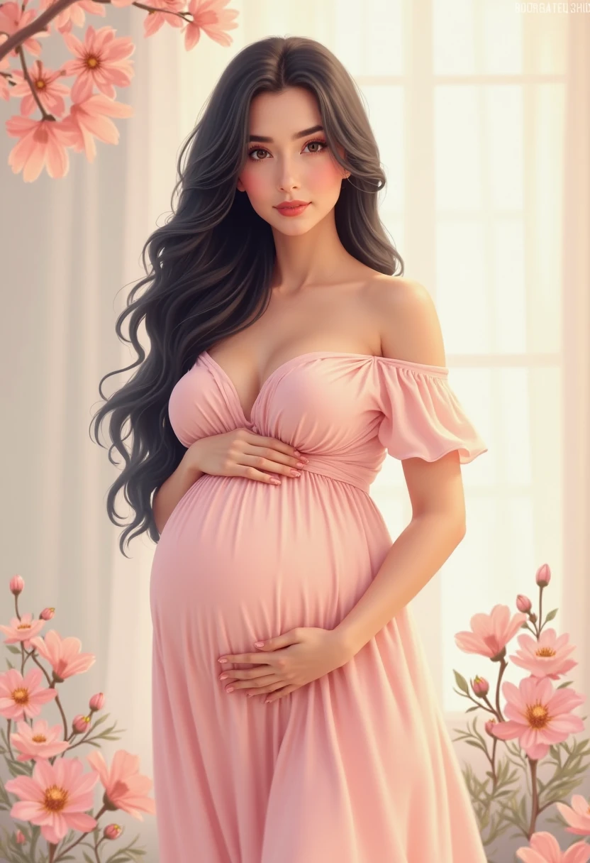 Pregnant woman in green dress with flowers on background, maternity feeling, digital illustration -, Pregnant belly, procreate illustration, Pregnancy, Digital Illustration, Pregnant, jen bartel, Digital Art Illustration, a beautiful artwork illustration, fanart, Digital Ilustration, in style of digital illustration, maternal, fertility, colored illustration, maternal photography 4 k, stylized digital illustration, Fam fetus