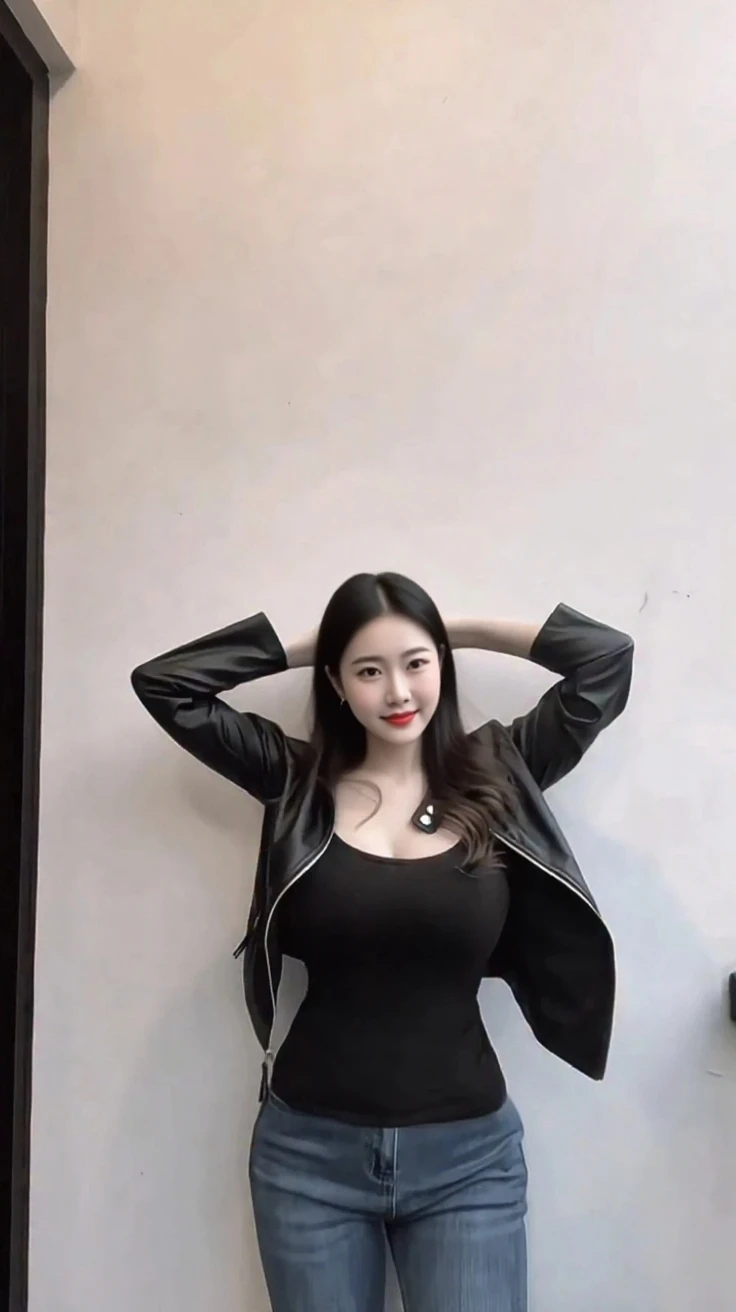 a close up of a woman in a black dress and stockings, cruel korean goth girl, sexy look at the camera, Sexy look, very sexy outfit, Gorgeous young Korean woman, Korean girl, gorgeous chinese models, dressed in short leather jacket, Highly realistic. live cam, trending at cgstation, Sexy style, Japanese goddess, beautiful Korean women,succubi