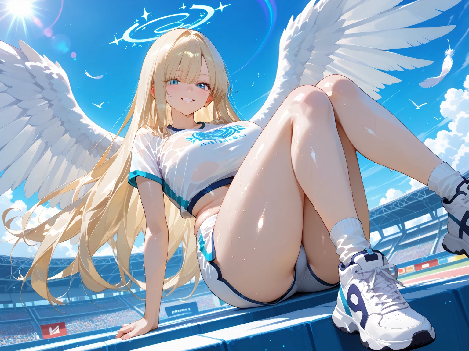 A beautiful angel wearing a tank top and shorts sportswear is gliding horizontally above the clouds with a rugby ball under her arm, spreading her large white wings that grow from her back.A glamour and stylish beauty with gigantic saggy breasts and firm body