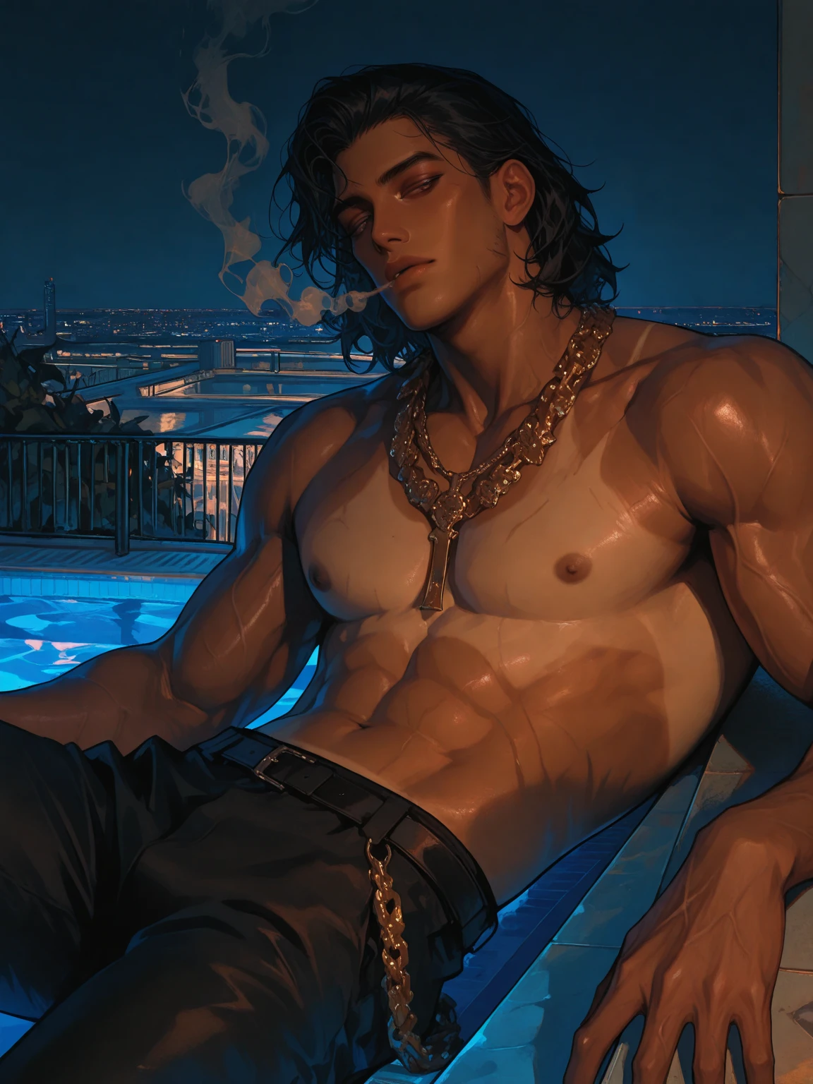 his name is Dean of Themyscira but his super hero name is Wonderboy he is a is a noticeably tall and fair-skinned man with straight waist-length black hair, blue eyes, and broad shoulders.Themyscira he is ageless and attractive in appearance, sporting a slender and athletic frame with a muscular build his personality is compassionate caring, stubborn, opinionated, highly competitive, outgoing immortal Amazon is an accomplished strategist and tactician, leader, and diplomat. he has been shown to astrally project herself into various lands of myth. In some cases, she has shown the ability to place individuals into a state of sleep while under the power of her golden lasso and has long hair and wide blue beautiful eyes and shirtless but wears shorts from his waist to his knees with his golden lasso on his waist and a golden and wearing Bracelets of Submission on his wrists and only his chest is showing and his suit covers his abs and the rest of his body with a more feminine eyes and face and a smile and long wavy hair to his shoulders wearing red and blue and gold with a long golden belt around his abs making only his chest visible , 1 person with him starring at the you with his blue eyes and happy smile flying in a city in daylight one person in photo
