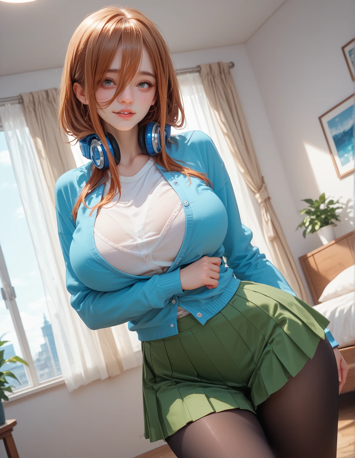 (best quality, 8k, highres, photorealistic:2.0), (solo, one girl:2.0),(lighting: strong),(lighting: front),(very muscular girl:2.0),(bodybuilder girl:1.5),(shiny skin:1.5),(platinum red hair color:1.5),(Bend your legs and open your thighs:1.8),(black loafers:1.5),(light blue blouse:1.6),(collar blouse:1.2),(long sleeve light blue blouse:1.3),((tight blouse:1.7)),(Emphasize cleavage:2.0),(short socks),(white socks:1.1),((blue pleated skirt)),((blue skirt)),((open blouse button)),((Wearing white panties)),((Girl leaning on an old leather sofa)), very beautiful Japanese girl, Blush brown makeup , dark eye makeup,(big eyes girl),(Place lightly clenched right fist tip of chin:1.8),(She grabs her thigh with her left hand and spreads her legs:1.8),(girl with open mouth:1.4),(Instructing viewers to perform a self ????????:1.3),(Gesture to give you a ????????:1.3),(very smiling girl),(Instructing viewers to masturbate themselves:1.3),(Drooling and sucking gesture:1.6),(A girl who enjoys showing her panties to her viewers:1.8),((shape of nipples appears on the surface of the blouse:1.2)),
