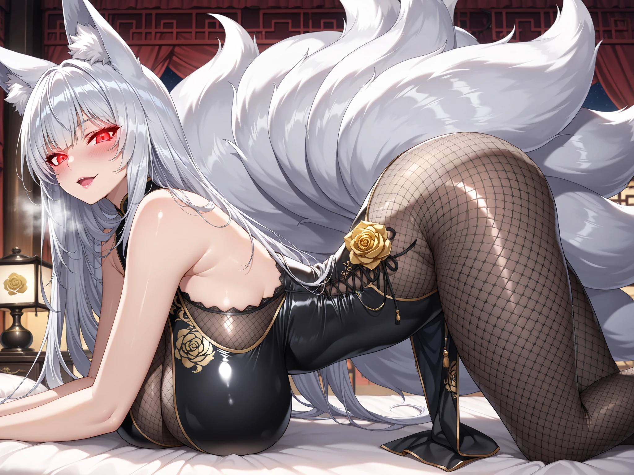 Cat girl,18 years old,Pretty Face,Slim figure,detailed picture, Seductive expression, blush,White long hair, Wearing cheongsam,Soaked,Wear black pantyhose,No shoes, Wearing black boxing gloves,Black sleeves on arms, 坐在拳击台上和另一只Cat girl交配,Large Breasts,Cleavage,Long legs,Thin waist,nipple,Camel toe,Collar,Cat ear