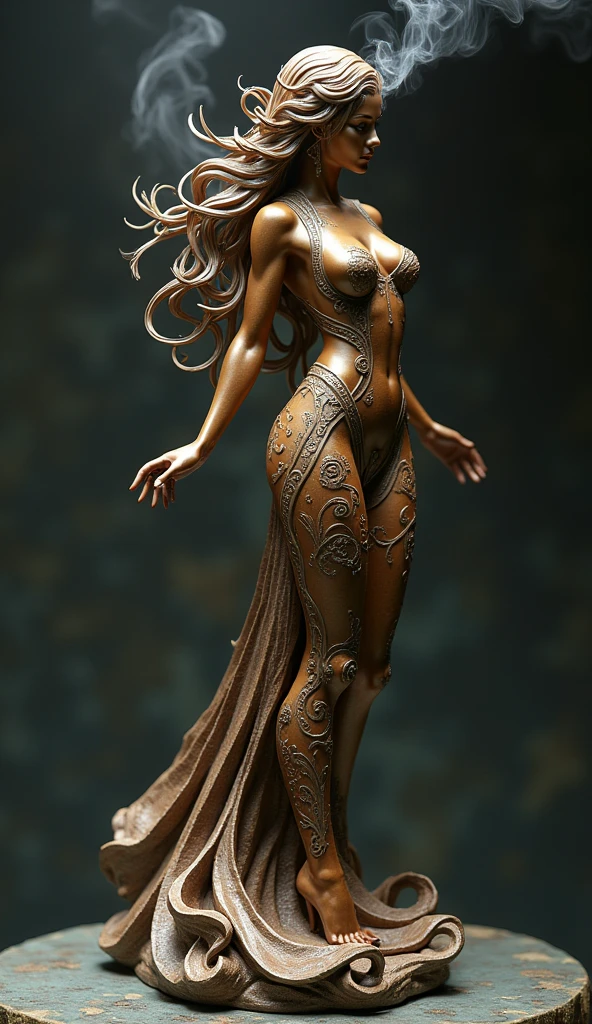 Sexy girl with long straight hair turned into a gold statue