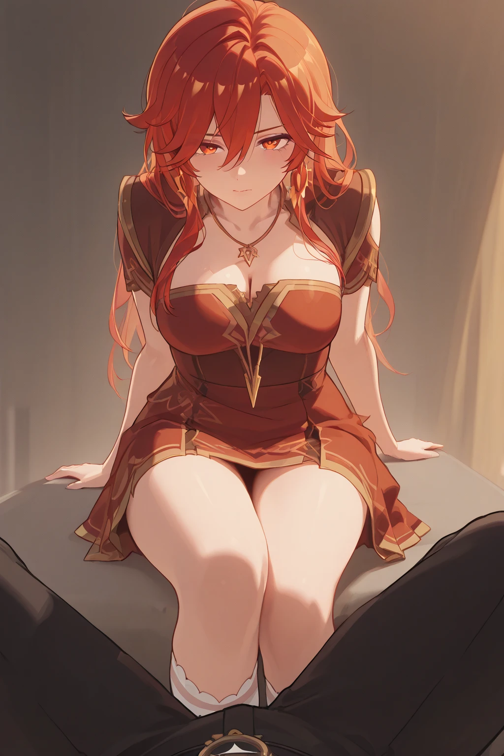 masterpiece, best quality, 1girl, long hair, big bust, detailed eyes, two legs, bright clothes, very long red hair, golden dress, blood, gold, sensual, queen, yellow eyes, serious, emotionless, adult woman, sitting, crossed legs, domineering, intimidating, palace