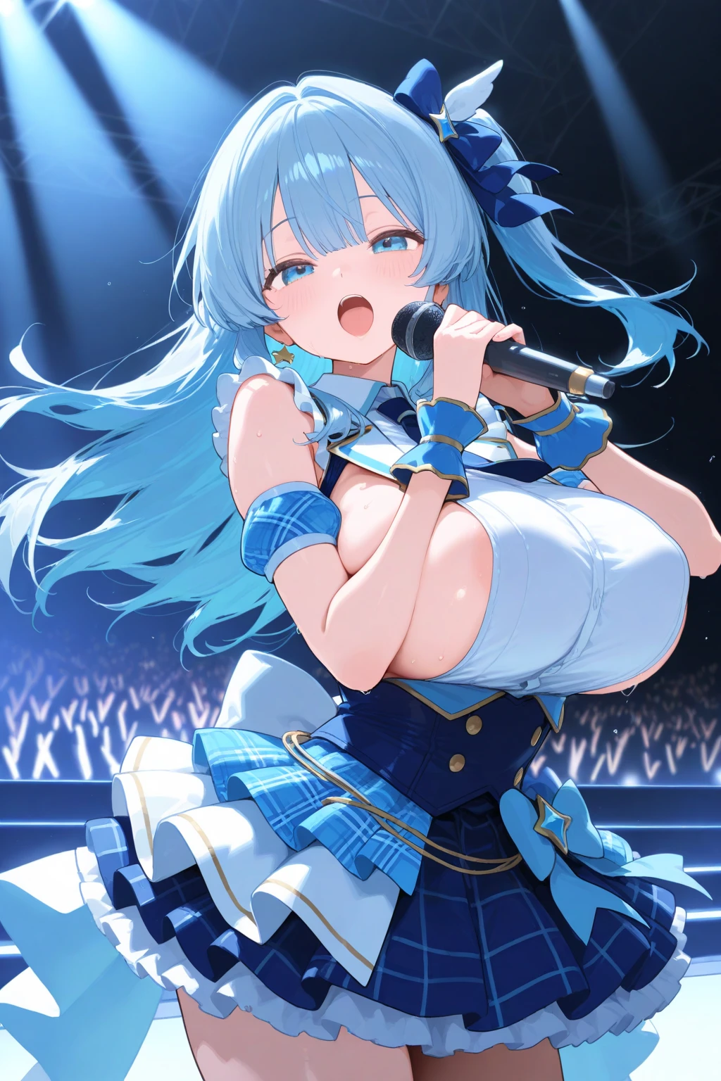 , ONE SIDE UP, blue hair, purple eyes, long hair,, large breasts, live stage, solo , nsfw 12 year old girl