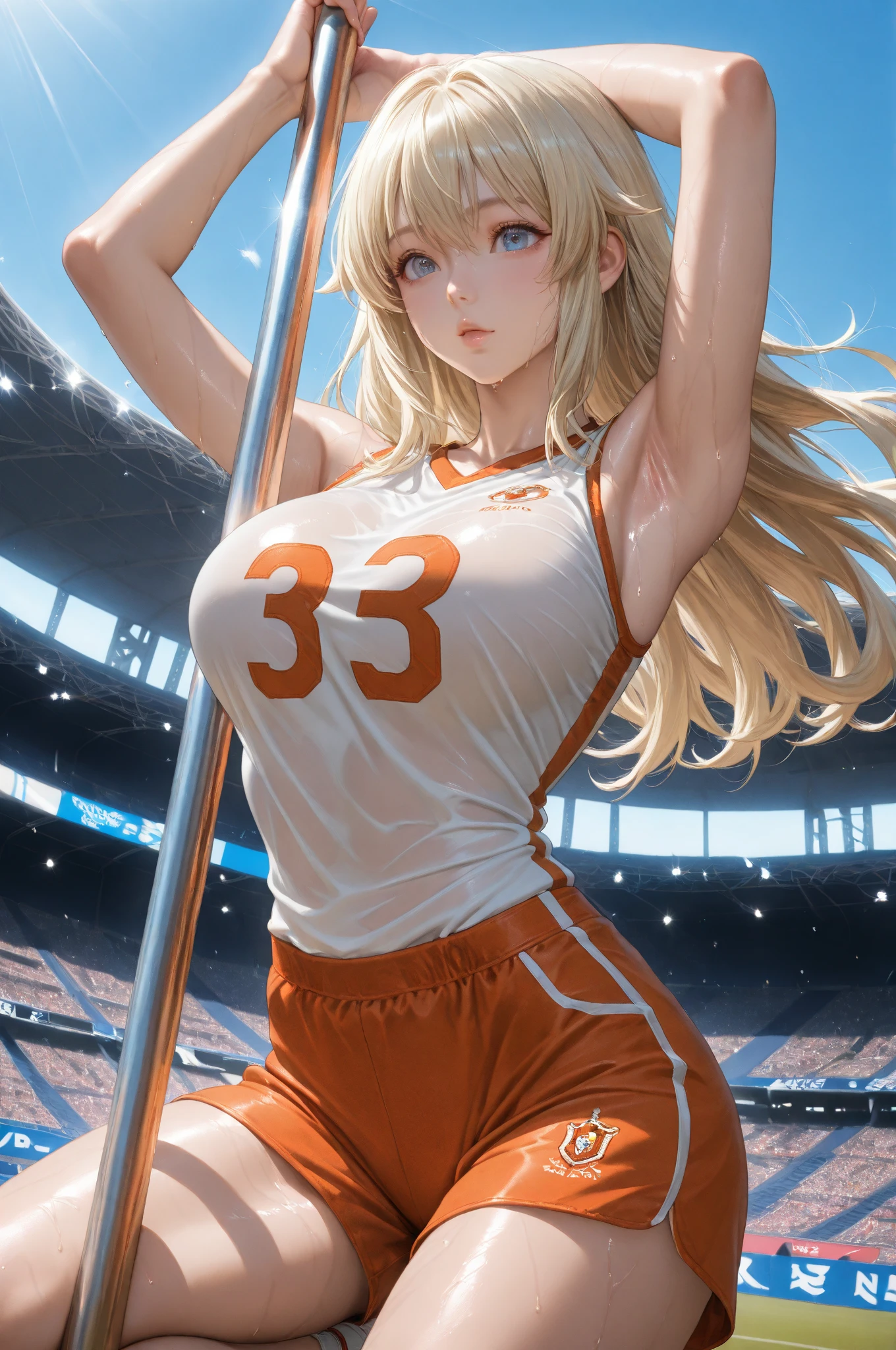 Athletics Stadium,1girl,smile,open mouth,slender,track and field athlete,(Shiny Costumes:1.3),small breasts,midriff,abs,navel,(cameltoe:1.3),sweat,(((leaning forward ,hands on knees))),from below,masterpiece,Noise Reduction,perfect anatomy,high resolution, ultra-detailed, ultra-detailed face,game cg,dutch angle ,beautiful detailed eyes,visualart,five fingers, perfect hands, perfect lighting, sparkling pupils,