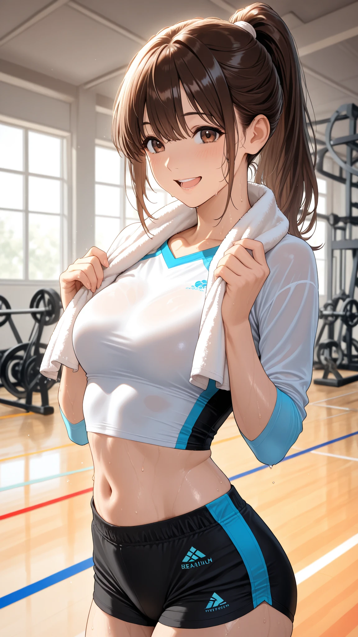 Ultra-high resolution CG Unity 8K wallpaper, Beautiful Features、((Dark Redhead、Side Ponytail:1.2)), ((Almond-shaped eyes: 1. 4)), (smile:1.4), High pixel density、Beautiful and sophisticated eyes、Highest quality, Ultra HD, Ultra-clear illustrations、High Contrast、Tonal correction、Ultra-realistic oily and glossy skin, Detailed fabric texture, Physically Based Rendering、Retina、Ray Tracing, RAW Photos, Natural front light、Accurate Fingers, Anatomically correct,
BREAK、
((Cowboy Shot:1.2)), ((Training Room))、spats、(Woman running on a treadmill:1.1),