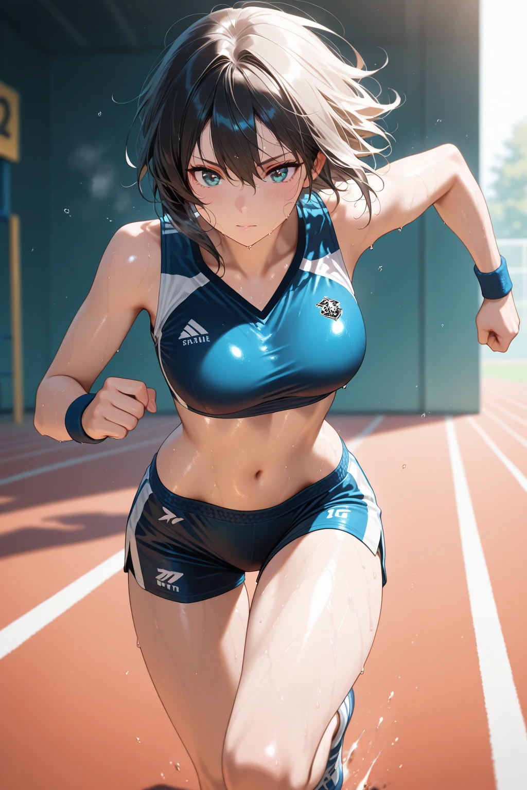 ((Masterpiece)), ((Best Quality)),Ultra High Resolution, Caustics, Detailed, Beautiful Detailed Eyes, solo, (athletics stadium, track and field athlete),cowboy shot,20 year old beauty、(separate, white bloomers ,show off belly),slender body, ideal ratio body proportions,oily skin,brown skin,sweat,medium breasts,brown eyes, (ponytail)、medium hair,brown hair,painful expression、running,