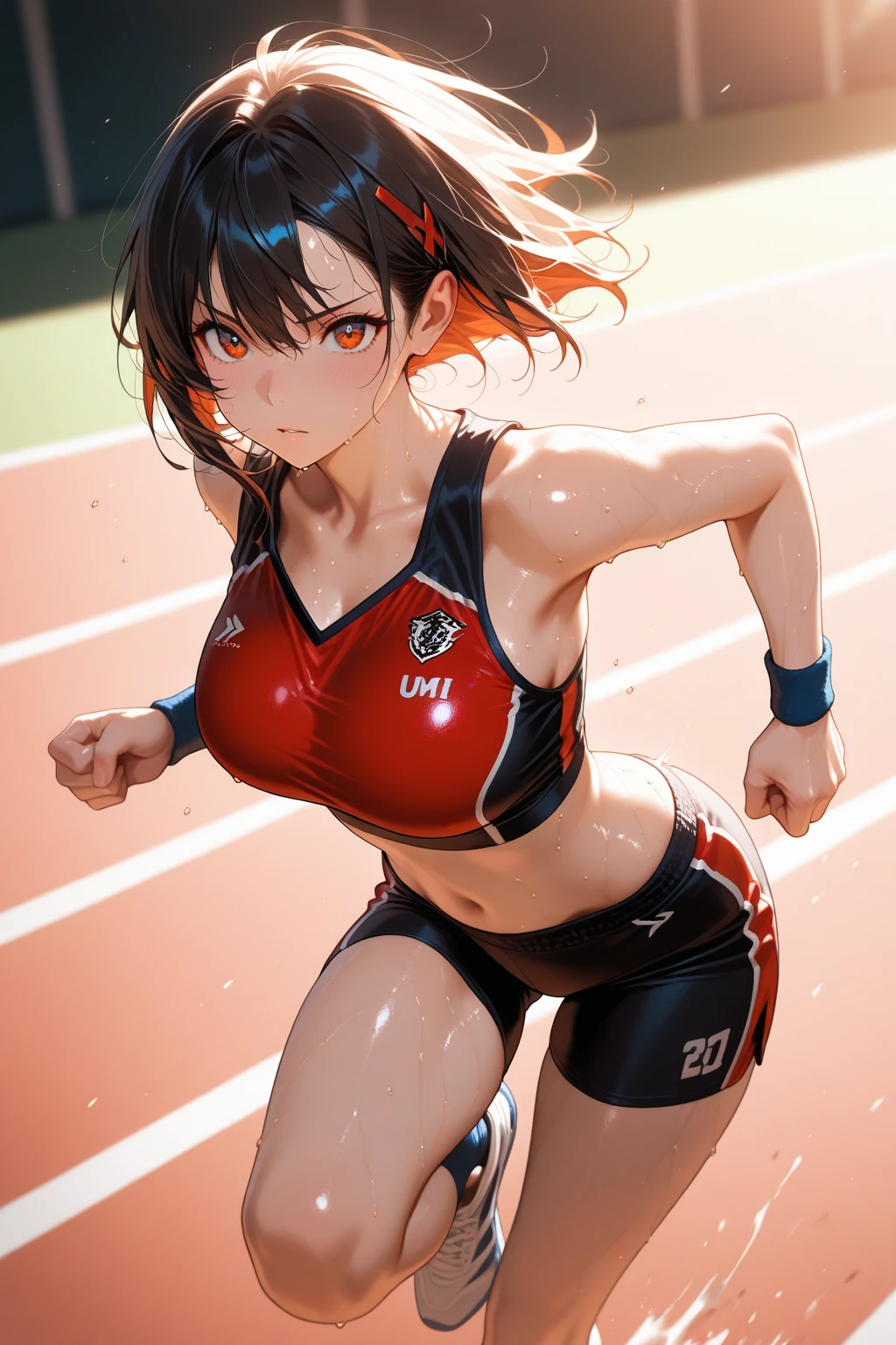 Beautiful woman running with all her might、Sexy、short hair、arena、beautiful eyes、handsome face