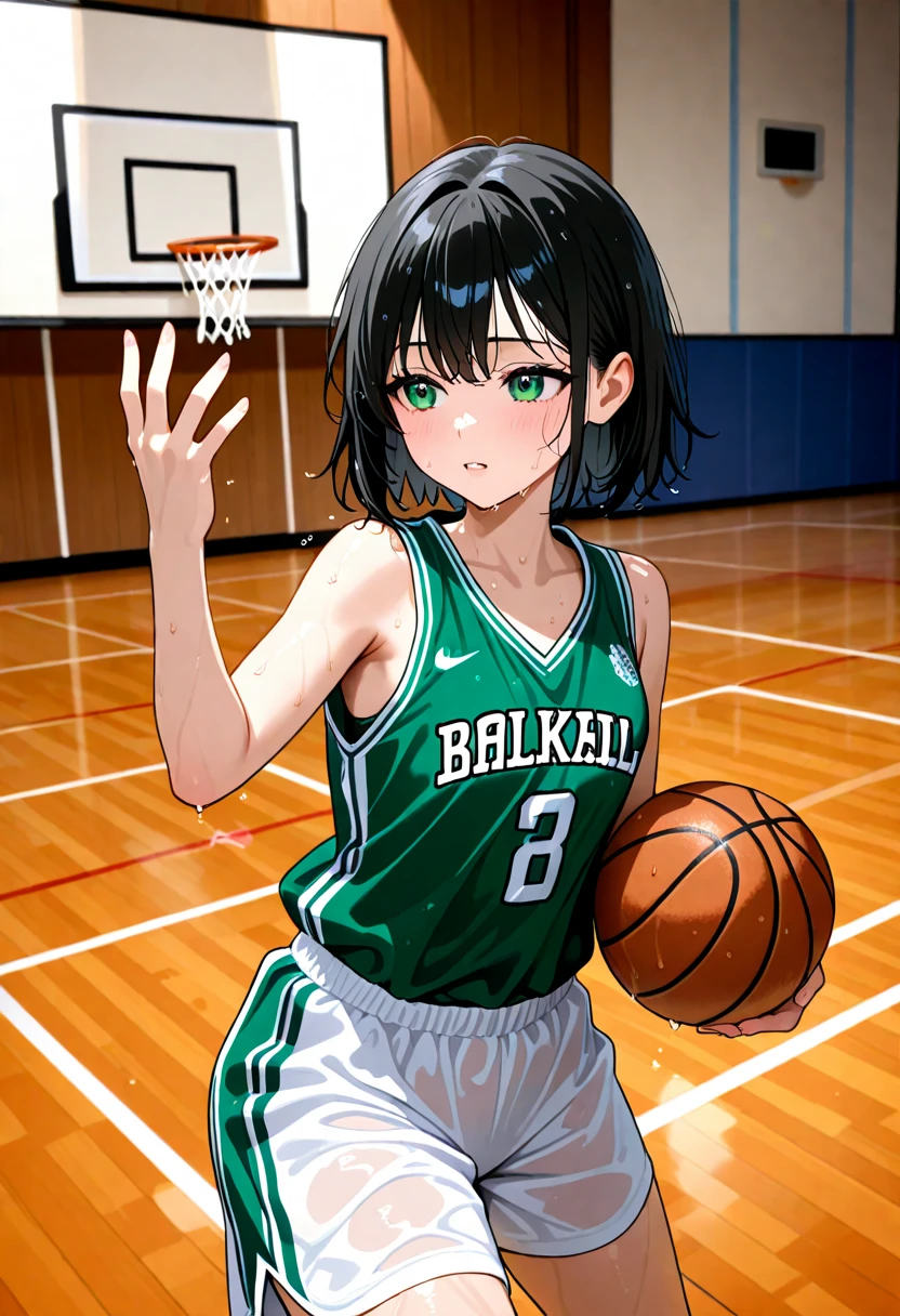 (8k, Best Quality, Masterpiece: 1.2), (Realistic, Realistic: 1.37), Ultra Detailed, Best Quality, Ultra High Resolution, Professional Lighting, Photon Mapping, Radiosity, Physically Based Rendering, Cinematic Lighting, Basketball court, depth of field, clear focus, sunlight, good composition, (bokeh: 1.2) 1girl, solo, (full body), (closed mouth), beautiful and detailed eyes, pose, narrow waist, basketball uniform, black hair , messy hair, long hair blowing in the wind, (ulzzang-6500:1.2) mix4, hiqcgbody --auto --s2