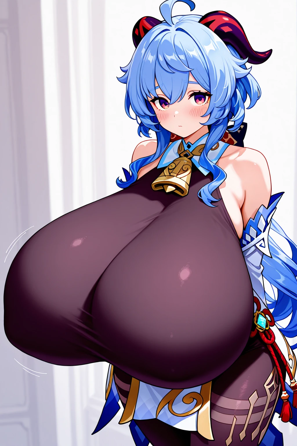 (gwen \(league of legends\), long hair, blight blue hair,), thick thighs, fatter thighs, (1 girl, standing alone, standing, portraite), (thick, milf, large breasts:1.6), sensuous, (thick lips, large lips, bimbolips, blush, parted lips, sensuous smile, shy:1.5), (naked, high collar, top cut, thicc thighs, sleeveless, elbow gloves:1.6), nsfw, rating_x, spread legs, spread pussy, open mouth, tongue out