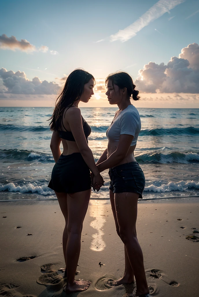 Sarah Michelle Gellar and Kristin Kreuk hugging on a beach at sunset