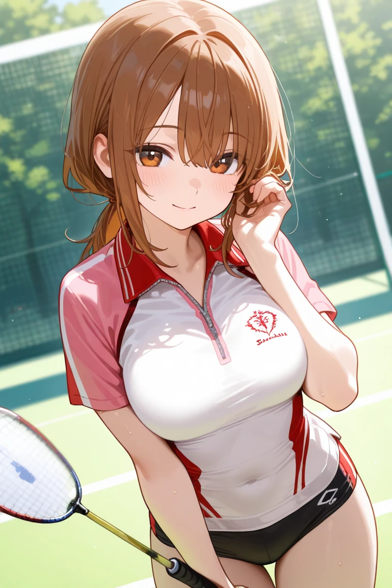 mastute piece,Best Quality,insanely detailed,8k cg,nsfw,
(shoot upper body:1.3),
(1girls:1.3),standing,looking at viewr,body in front,both arms behind back,(badminton-uniform:1.3),(bare breasts:1.2),(bare nipples:1.2),
break,
blush,shy,(ecstasy face),(trembling:1.2),break,(light red hair:1.3),
break,
perfect breasts,perfect teats,(open mouth:0.9),(large breasts:1.2),
(badminton-court),