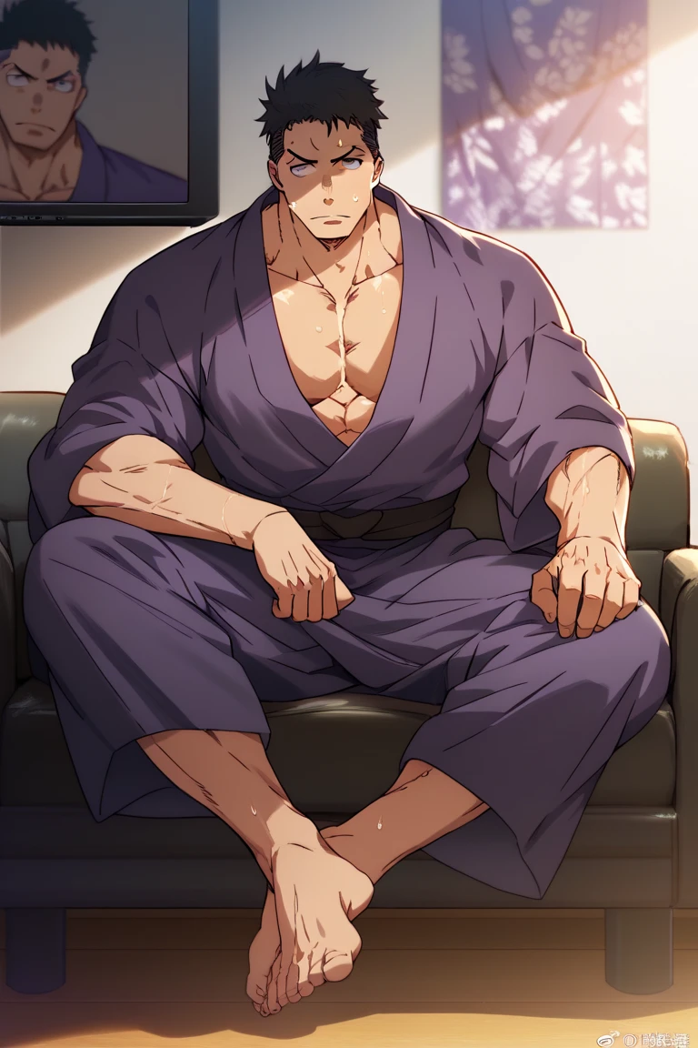 Kiritsugu Emiya is shirtless and sitting in black short boxershorts and flexing his thighs