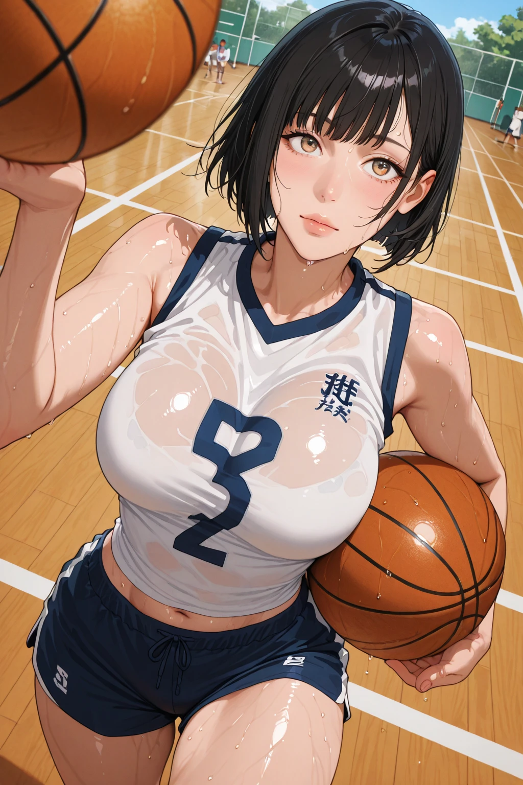 Cutesexyrobutts style, basketball, mole, mole_under_eye, shirt, white_shirt, 1girl, shorts, black_hair, blush, holding, holding_ball, ball, breasts, black_shorts, blurry_background, short_sleeves, bangs, hair_bun, blurry, sidelocks, single_hair_bun, closed_mouth, solo, large_breasts, blue_eyes, gym
