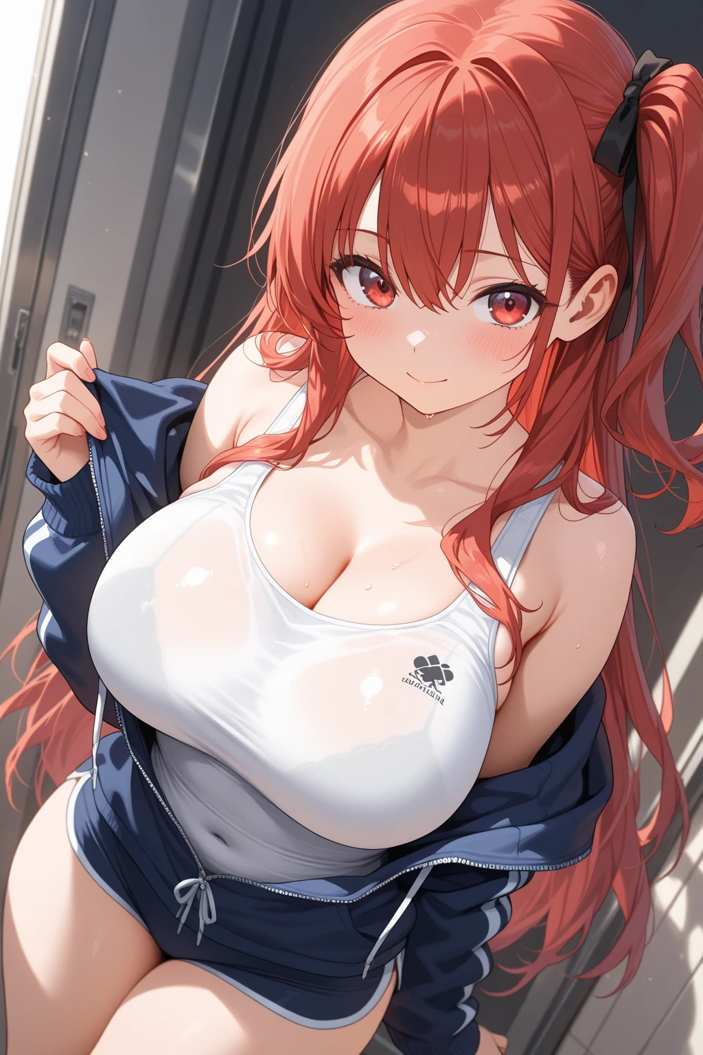 (masterpiece, best quality:1.2) best quality, masterpiece, highres, focus, anime style, a closeup of a cartoon of a woman, girl design, portrait, giesha, anime image, long hair, red hair, heterochromia eyes, hair covering ears, cat ears, horny and shy look, sport tank pink bra ,blue jeans, pink gloves, black belt around waist, round thick giant breasts, ((huge breasts)), ((large breasts)) ,engineer, engineer tools, mechanic, tools, tools in hand, black tighs, wrench , wrench in hand, toolbox