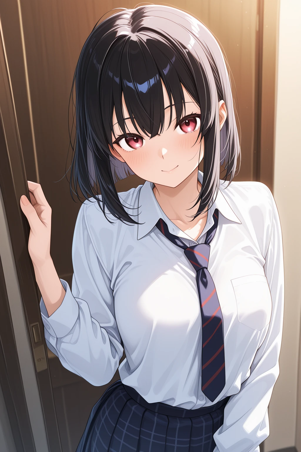 (masterpiece, best quality), 1girl, nsfw, schoolgirl uniform, shy, showing off, flat chest, cleavage, panties, see through, nipplesout, bra