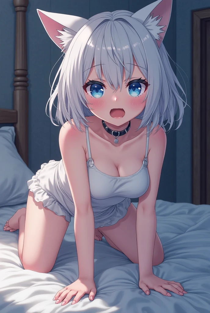 Masterpiece、Anime Coloring、Ultra fine、8k、light blue eyes、((whole body))、blush、Small breasts、((Pink bra))、((Pink panties))、(Looking at the front)、((bed))、((Silver Hair))、((On all fours))、short hair、((Dog ears))、Stylish room、Double teeth
