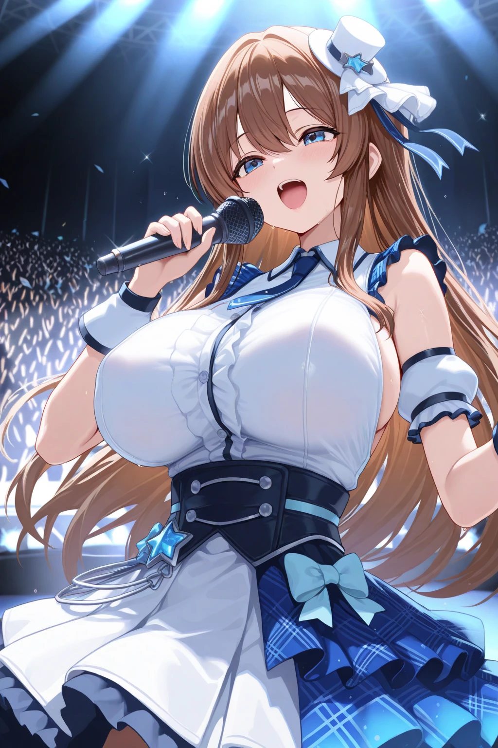 Her hair is tied up and placed over her shoulders in front of her chest brown hair, hair ornament, hair scrunchie, brown eyes, bow, bangs, hair bow ,, large breasts, live stage, solo nipple, , Peeing, lactation, projectile lactation