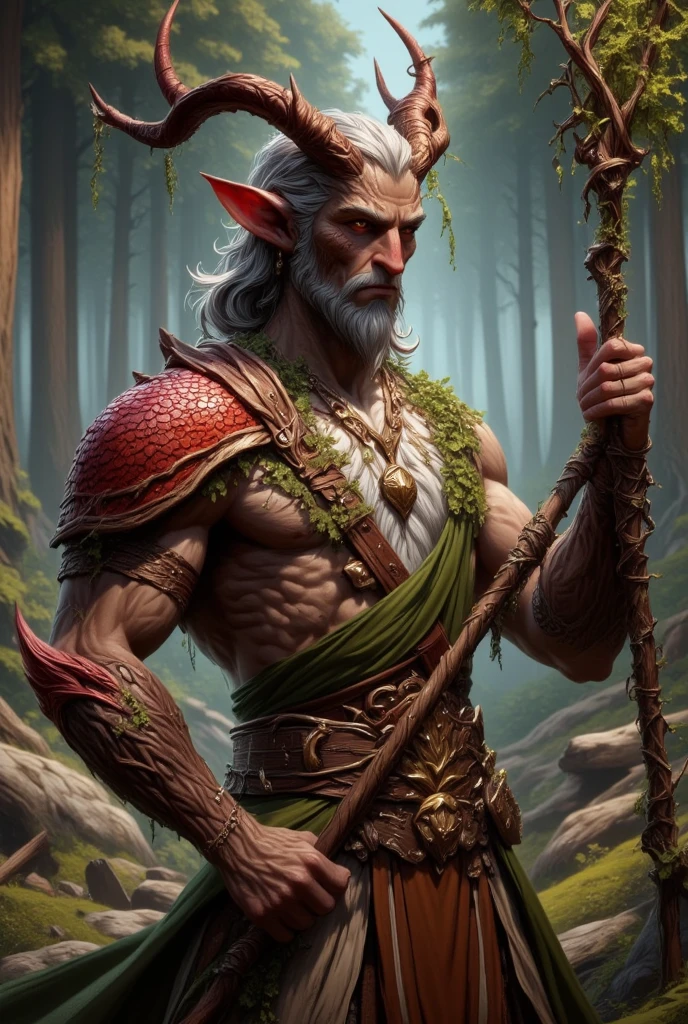 bellow shot of a intimidating male firbolg barbarian who uses a huge tribal totem for weapon, firbolg, D&D style, half giant, long green cape, clothes in shades of green, long clothes with sleeves, grey eyes, clothes covering the abdomen, druid clothes