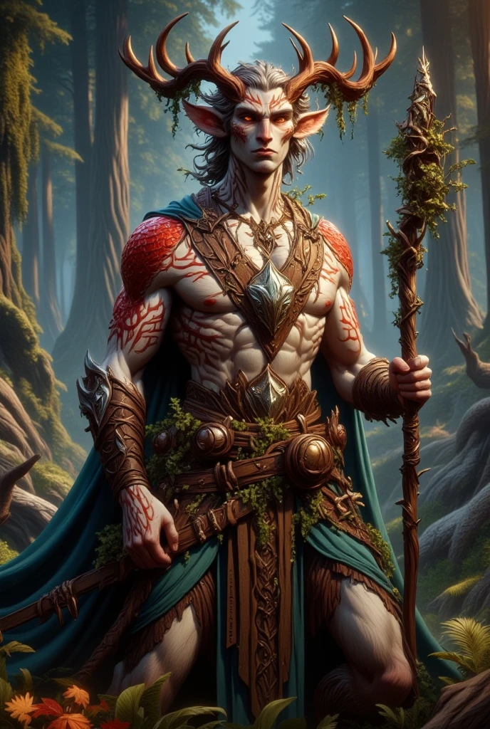 a young, fit male Satyr druid with red antler horns, orange eyes, light brown skin, and white short hair and fur. Covered in scars, wearing a V-neck shirt made of red scales, leather, and greenery, a shiny tree amulet, and wielding a staff made of autumn wood and dragon scales. In the middle of the forest.