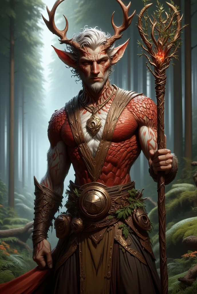 a young, fit male Satyr druid with red antler horns, orange eyes, light brown skin, and white short hair and fur. Covered in scars, wearing a V-neck shirt made of red scales, leather, and greenery, a shiny tree amulet, and wielding a staff made of autumn wood and dragon scales. In the middle of the forest.