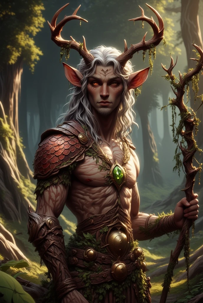 a young, fit male Satyr druid with red antler horns, orange eyes, light brown skin, and white short hair and fur. Covered in scars, wearing a V-neck shirt made of red scales, leather, and greenery, a shiny tree amulet, and wielding a staff made of autumn wood and dragon scales. In the middle of the forest.