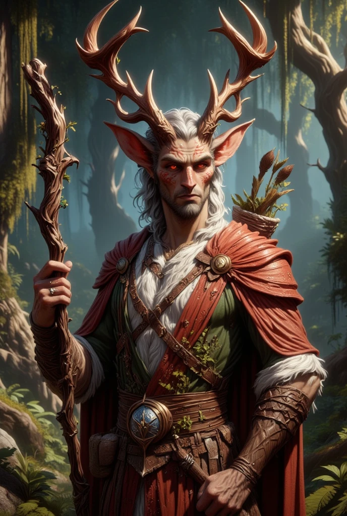 a young, fit male Satyr druid with red antler horns, orange eyes, light brown skin, and white short hair and fur. Covered in scars, wearing a V-neck shirt made of red scales, leather, and greenery, a shiny tree amulet, and wielding a staff made of autumn wood and dragon scales. In the middle of the forest.