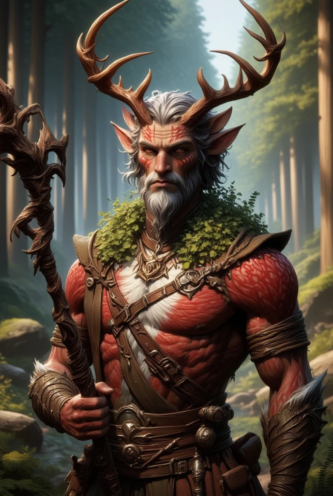 a young, fit male Satyr druid with red antler horns, orange eyes, light brown skin, and white short hair and fur. Covered in scars, wearing a V-neck shirt made of red scales, leather, and greenery, a shiny tree amulet, and wielding a staff made of autumn wood and dragon scales. In the middle of the forest.
