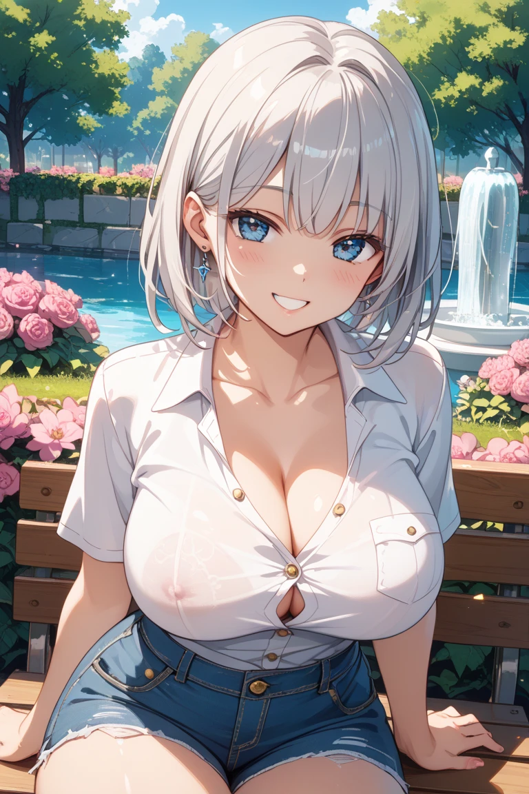 perspective from bellow,masterpiece, best quality, beta, silver hair, white shirt, frills, pencil skirt, cleavage, large breasts, looking at viewer,smile,teeth,sitting on the bench,