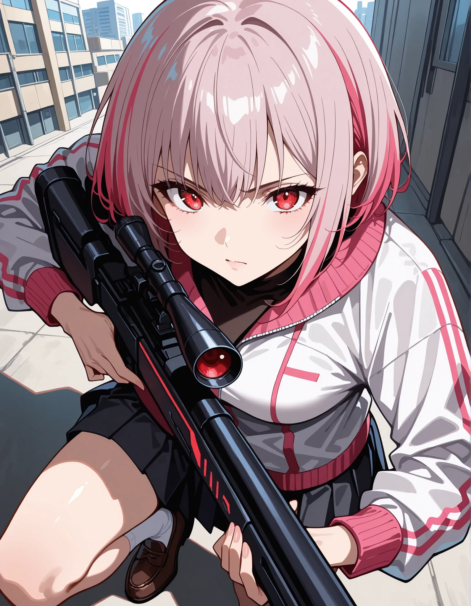 score_9,score_8_up,score_7_up, 1girl, 17 years old, beautiful woman, beautiful face
BREAK
A girl with a serious expression has (short, pink-bobbed hair: 1.4), red eyes, and is wearing a light jacket over a dark top. She is dressed in a dark grey pleated miniskirt, ankle-high white socks, and brown loafers. With minimal accessories, she stands in a pose, aiming a scoped sniper rifle and maintaining a focused gaze. Her smooth skin contrasts with the urban rooftop background filled with buildings. The scene is set during the daytime, with shadows cast to her left, creating a tense atmosphere. The front view angle provides a sharp focus with a noticeable depth of field, and the lighting is well-exposed, ensuring that no motion blur is present.,
