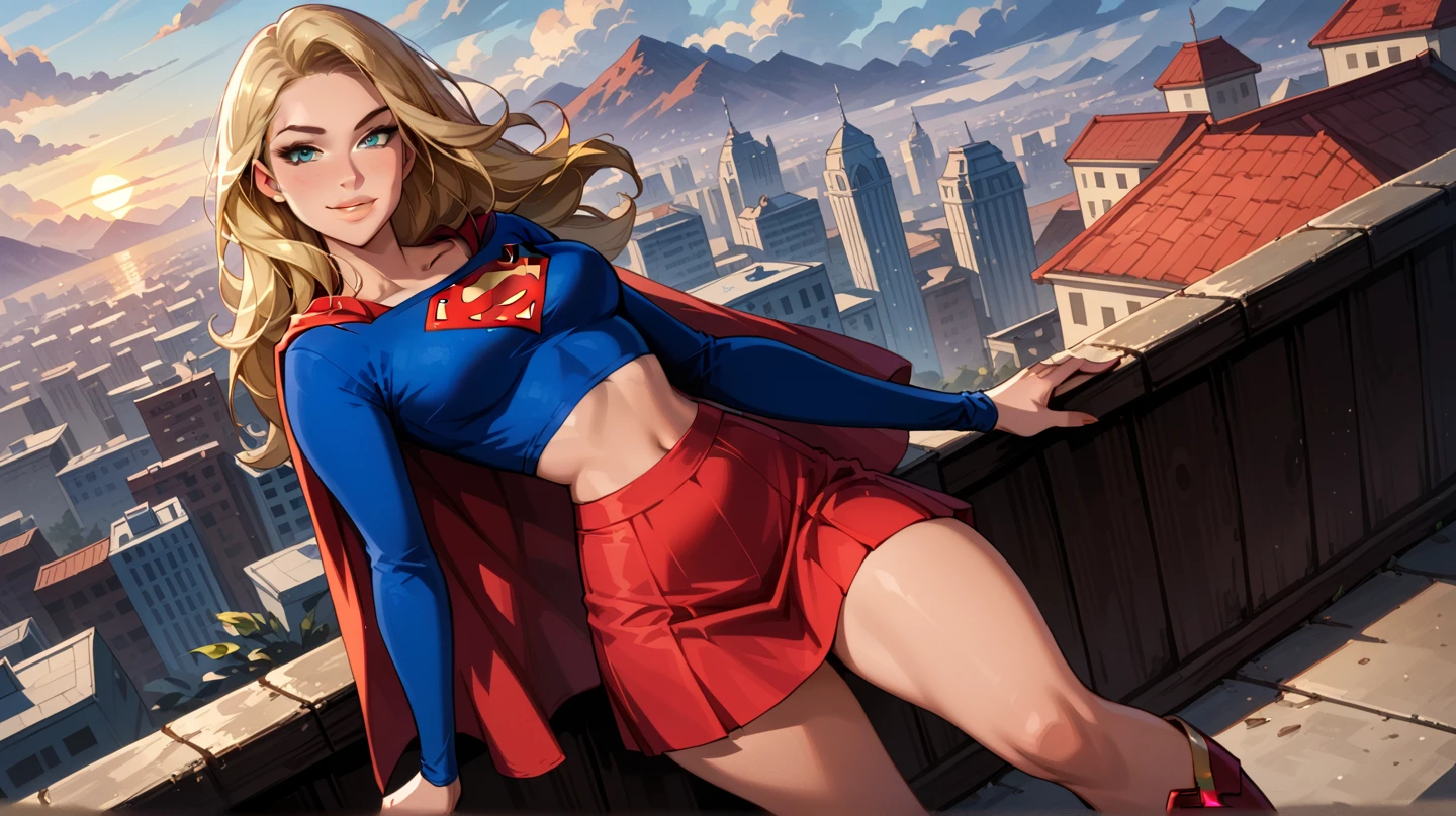 (masterpiece:1.3), (8k, realistic, RAW photo, top quality: 1.4), absurd, charm,  super high definition , Super Real, are very good and detailed,  golden ratio, (realistic), (best shadows), low contrast, (complicated:1.4), side lighting, 8k, beautiful face, (realistic Face),  Beautiful Hairstyle, realistic eyes, beautiful detail, (realistic Skin), beautiful skin, (one girl), ((Melissa Benoist)), ((Supergirl)), (accurate depiction of a hand and finger kneeling on a rock), Supergirl女性, (blonde, long hair:1.4), ((red cloak)), break ((facing forward)), (sweat), break ((A deserted back street in the city)), ((New York cityscape)), ((Red brick building)), (front view)