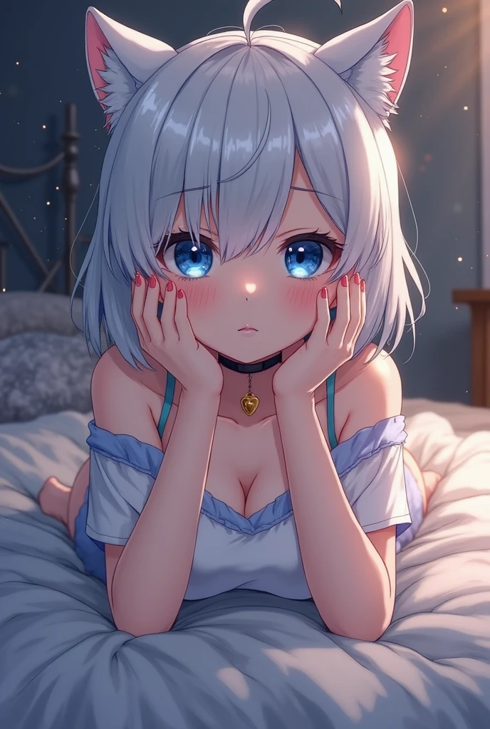 White Hair Shortcuts blue eyes 18-year-old Anime Style On the bed naked Pussy tits