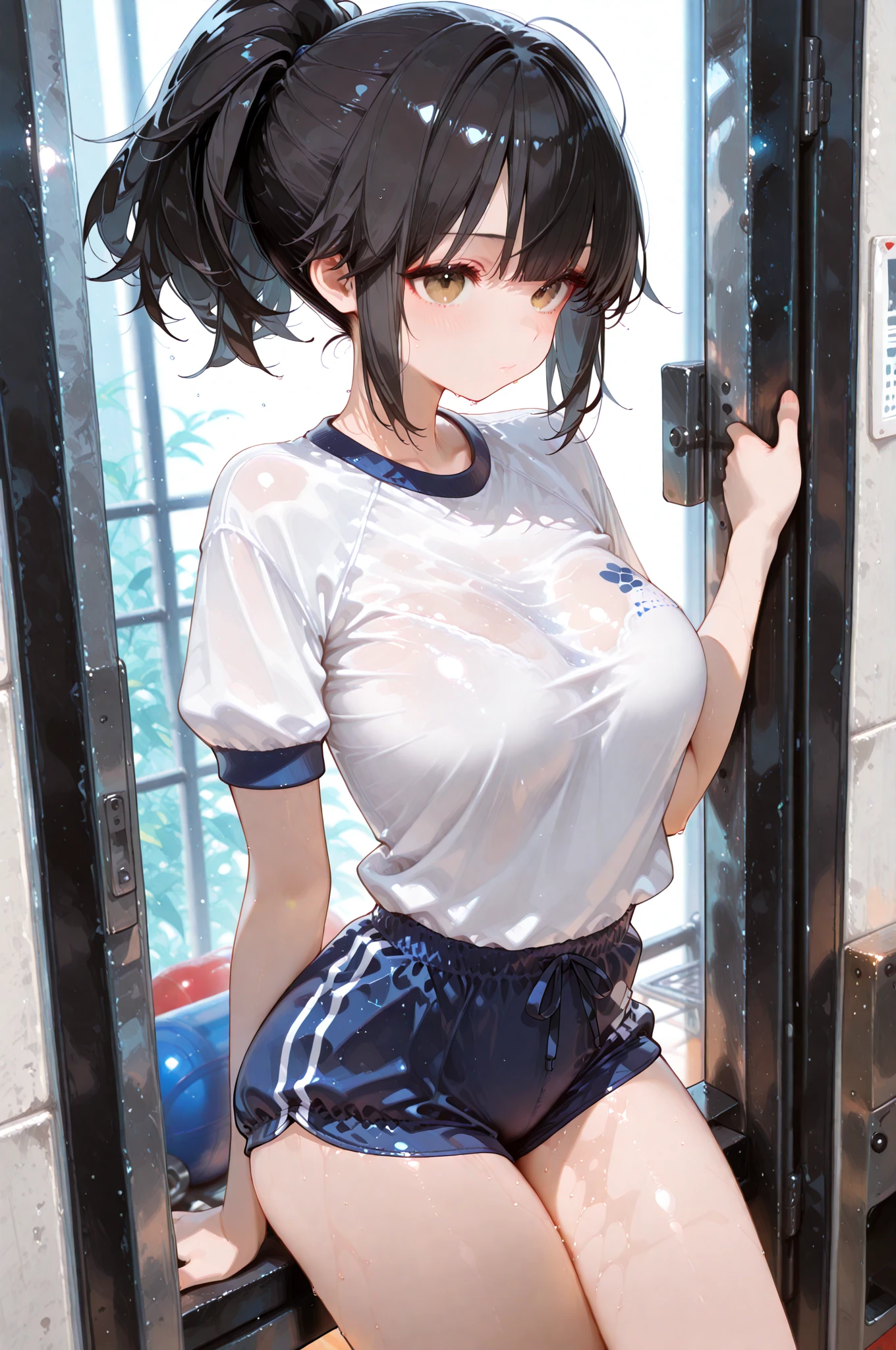 (Superflat, Flat Shading, flat-colors:1.1)、(Magazine Cover)、Illustrations、(one asian boyish girl)、(cute little:1.2)、very beautiful 14 year old cartoon girl、Great smile、cheeks are reddened、(High Detail Skin: 1.2)、photorealistic anime girl render、realistic anime 3 d style、cute littleボブカット、Beautiful brown hair、Intense black eyes、Strong highlights of the eyes、(A detailed、medium chest)、Perfect Anatomy、hair messy、old style sportswear、((Sportswear that is transparent with sweat))、white tight sleeveless shirt、dark blue short tight shorts、((Wet with water))、crotch open、Head tilt、Standing、Cowboy Shot、Arms at sides、((from behind、hindquarters、heart cutout、hip incision))、Volumetric lighting、Soft light、Bright、neons、Vibrant colors、watercolor paiting、