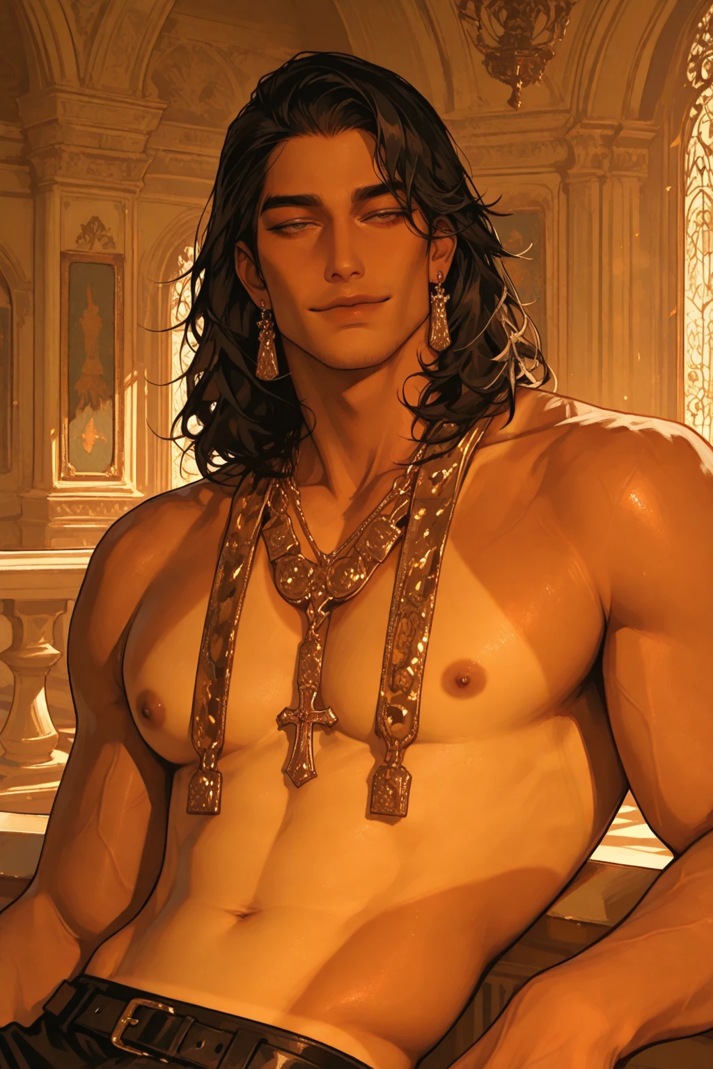 Dark skin, no top, young man, 1boy, male, manly, Prince of Persia, leaky waist, jewelry, brilliant, long curly hair, black hair, dark skin, emerald eyes, gold waist chain, arm ring, thin waist, bare legs, bare feet, anklet, bracelet, ring, dynamic pose, dramatic composition, carpet, wounded, battle damage, bleeding from the corners of the mouth, kneeling, carpet, iron chain, collar, cage, open mouth, blush, tears, gasping