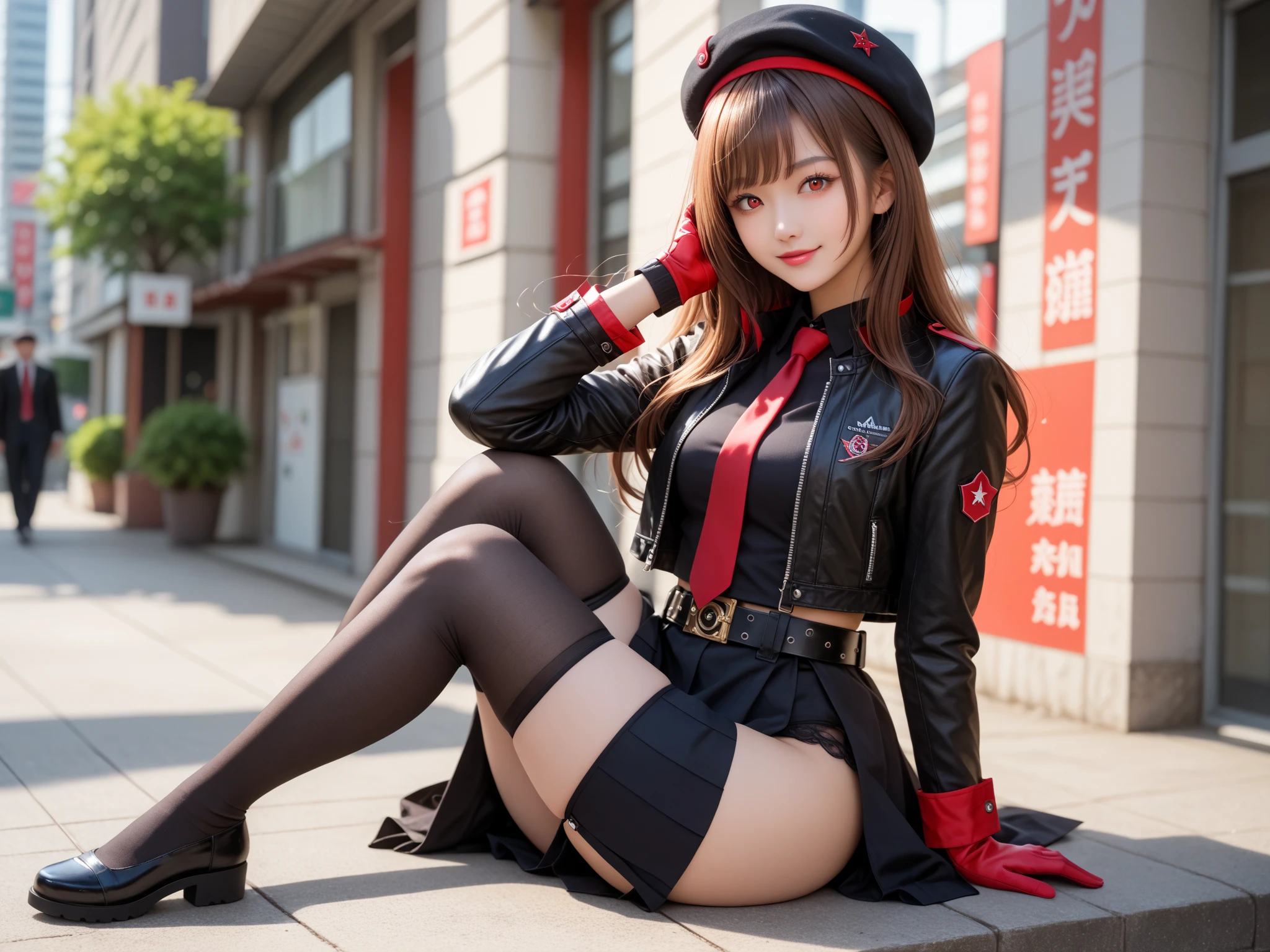 (best quality), (very aesthetic), (ultra-detailed), (best illustration), 1 girl, Solo, GAL, Japanese, long straight hair, light brown hair, black dress shirt, red jacket, cross one's legs and sit on them