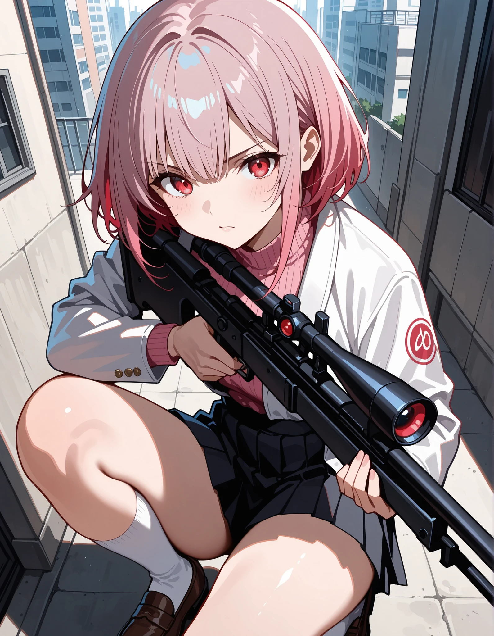 score_9,score_8_up,score_7_up, 1girl, 17 years old, beautiful woman, beautiful face
BREAK
A girl with a serious expression has (short, pink-bobbed hair: 1.4), red eyes, and is wearing a light jacket over a dark top. She is dressed in a dark grey pleated miniskirt, ankle-high white socks, and brown loafers. With minimal accessories, she stands in a pose, aiming a scoped sniper rifle and maintaining a focused gaze. Her smooth skin contrasts with the urban rooftop background filled with buildings. The scene is set during the daytime, with shadows cast to her left, creating a tense atmosphere. The front view angle provides a sharp focus with a noticeable depth of field, and the lighting is well-exposed, ensuring that no motion blur is present.,