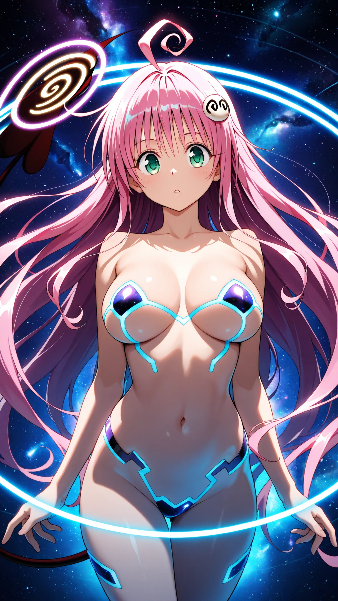 (((Masterpiece artwork))), super verbose, (flirting expression), pink latex, ((super cute and tender face)), ((cara angelical)), ((Incredibly beautiful eyes, (olhos luminosos), (complete body), (luminous hair), Super sexy hair, multicolored hair, (Delicate and perfect tricks), (Perfect Anatomia), Super delicate and sexy body, pose sexy, (Super thin face), Delicate features, ultra detaild, best qualityer, cinematic lighting, captivating beauty, look sexy, beautiful star background