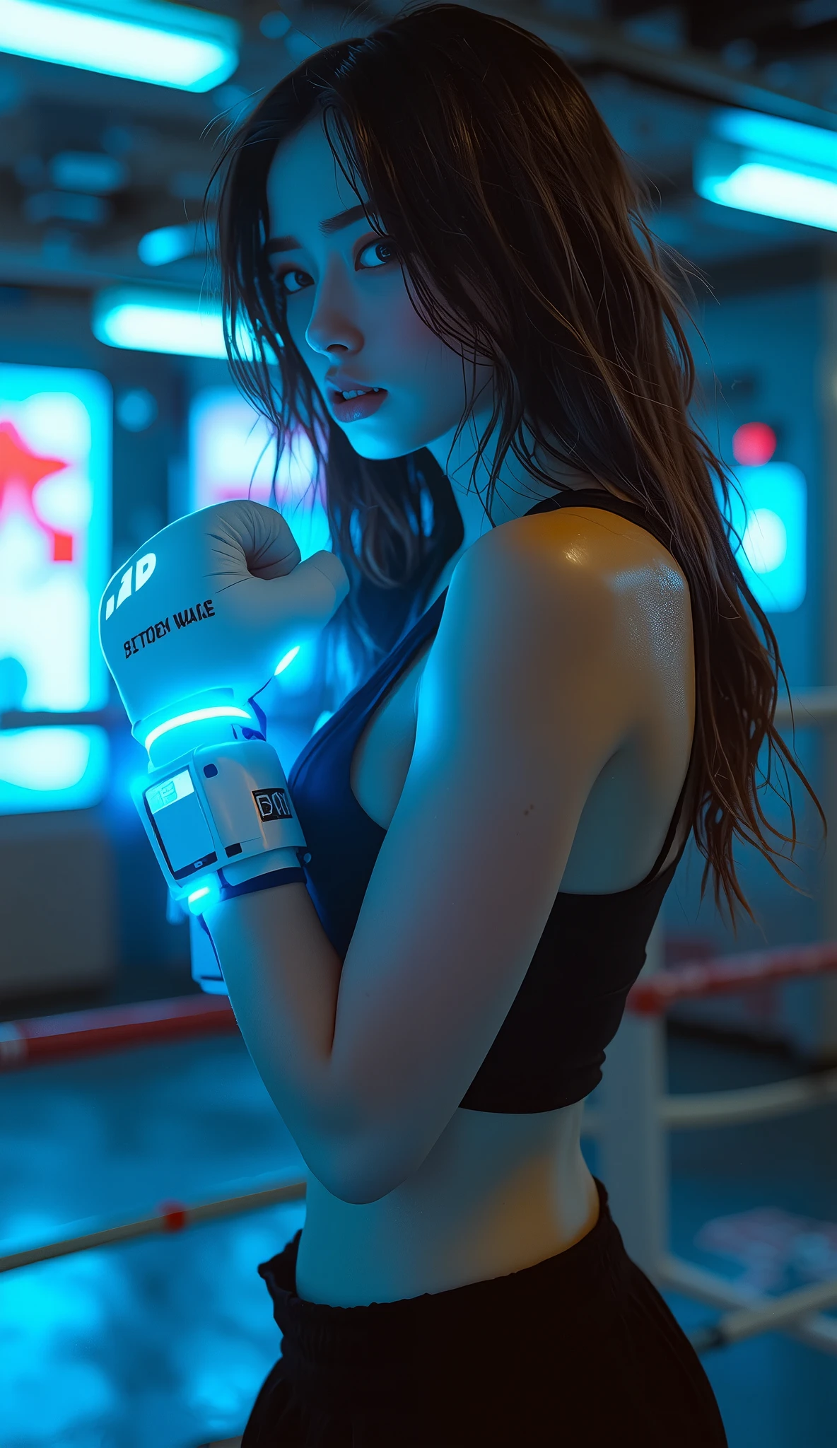 cyberpunk female boxer wearing glowing neon gloves, futuristic sportswear, at an underground boxing ring with hologram ads and neon signs, long hair , light particles, Strong Expression, Cinematic city lights, dynamic pose, punches frozen in the air, 3D rendered cyber scene, blade runner style