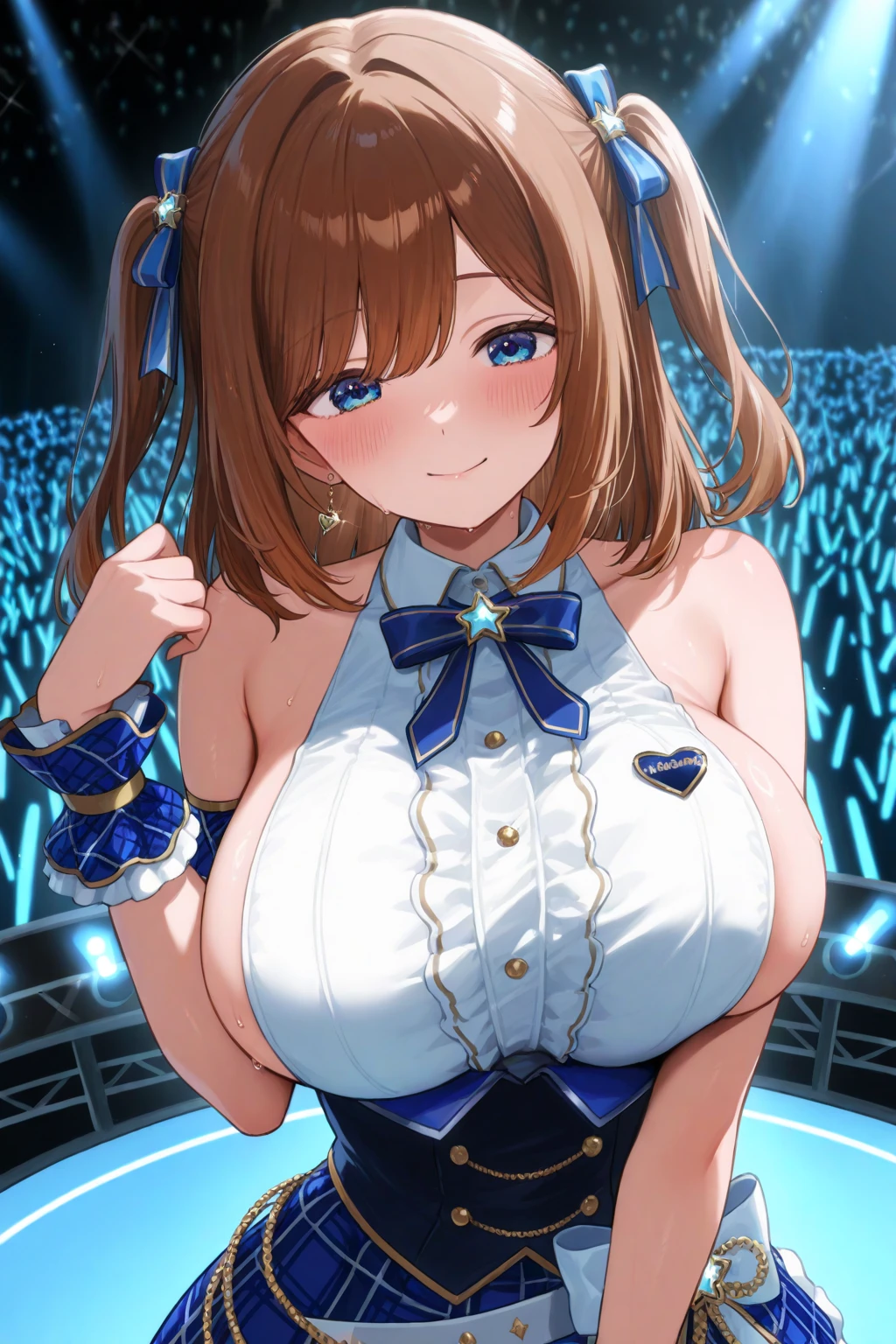 Her hair is tied up and placed over her shoulders in front of her chest brown hair, hair ornament, hair scrunchie, brown eyes, bow, bangs, hair bow ,, large breasts, live stage, solo nipple