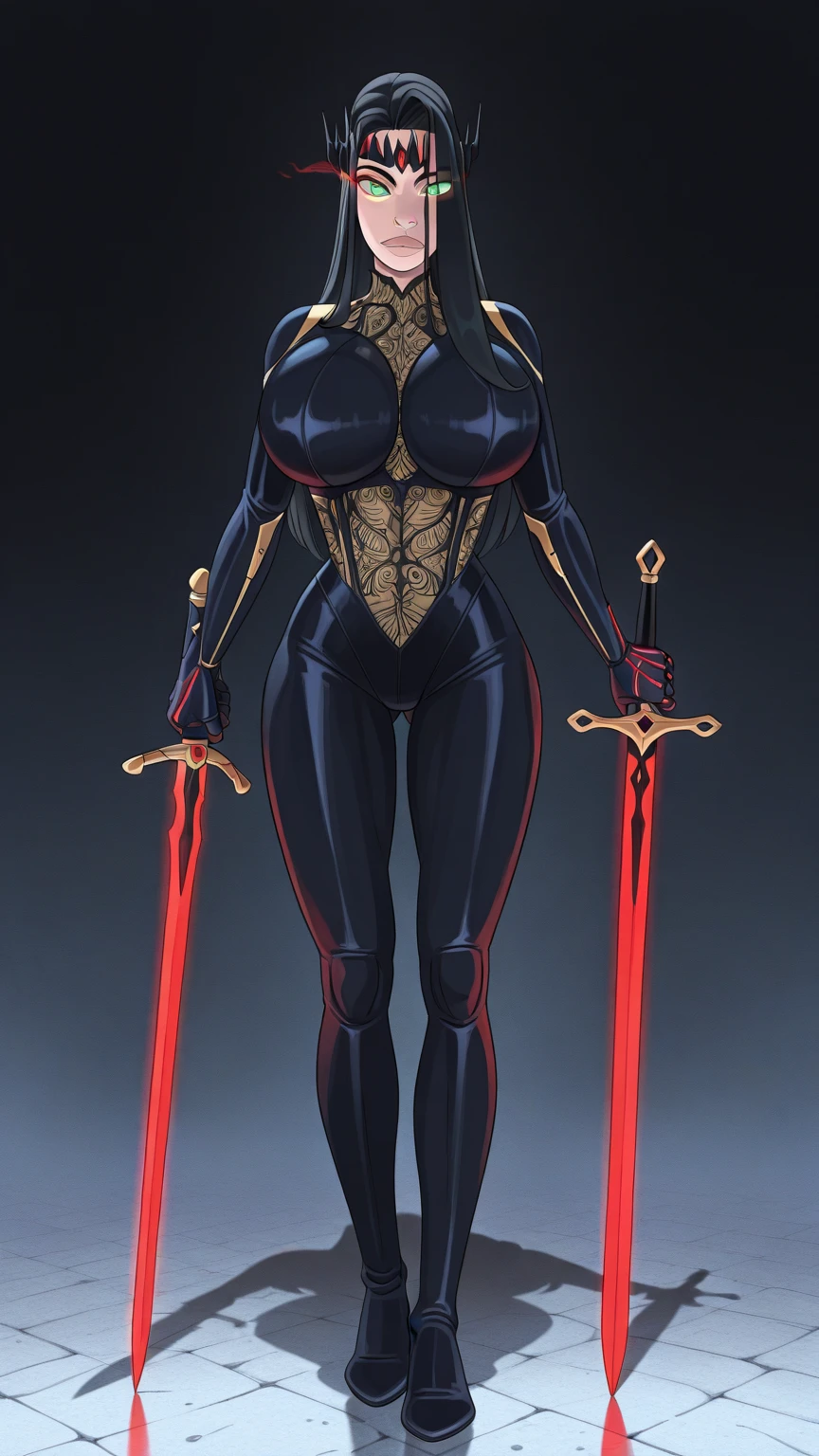 full body, game art style, (masterpiece), best quality, high res, 4k, 8k, detailed Illustration, intricate detail, cinematic lighting, amazing quality, 1girl, fit female, amazing shading, soft lighting, facing camera, Gantz suit armor torn apart, (grey background) (masterpiece, high quality: 1.2) 1girl full body standing good face, nice ass, hairstyle: braid, Hair: PINK long hair, Blindfolded: NO EYES (Cross Belt Blindfold), white sin (porcelain skin, sparkly skin), muscular, thighs, mature mommy woman MILF, abs, navel, looks at the viewer smiling, extremely huge breasts, maternal, chest cover with clothes (Hell knight Ingrid (anime style) Demon Knight Ingrid (OVA))