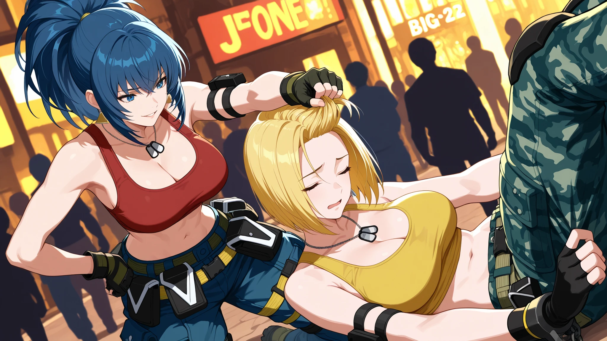 masterpiece, best quality:1.2), highly detailed, (couple), hetero, (duo focus), (front light:1.1), close up angle, 2girls, lesbian, hair grab, street crowd background, BREAK 1girl, scared, Blue Mary KOF, blue eyes, short hair, camouflage pants, cleavage, fingerless gloves, midriff, mature, chaps, hand on own hip, large breasts, pulling hair, blonde hair, BREAK, 1girl, Leona Heidern, arm open up, dark yellow tank top, midriff, cleavage, blue pants, triangle earrings, black gloves, parted lips, dark blue hair, closed eyes, ponytail, dog tags, pulled hair, mature, open mouth, smile, red tanktop, big arms, lying down, hands tied up by chain