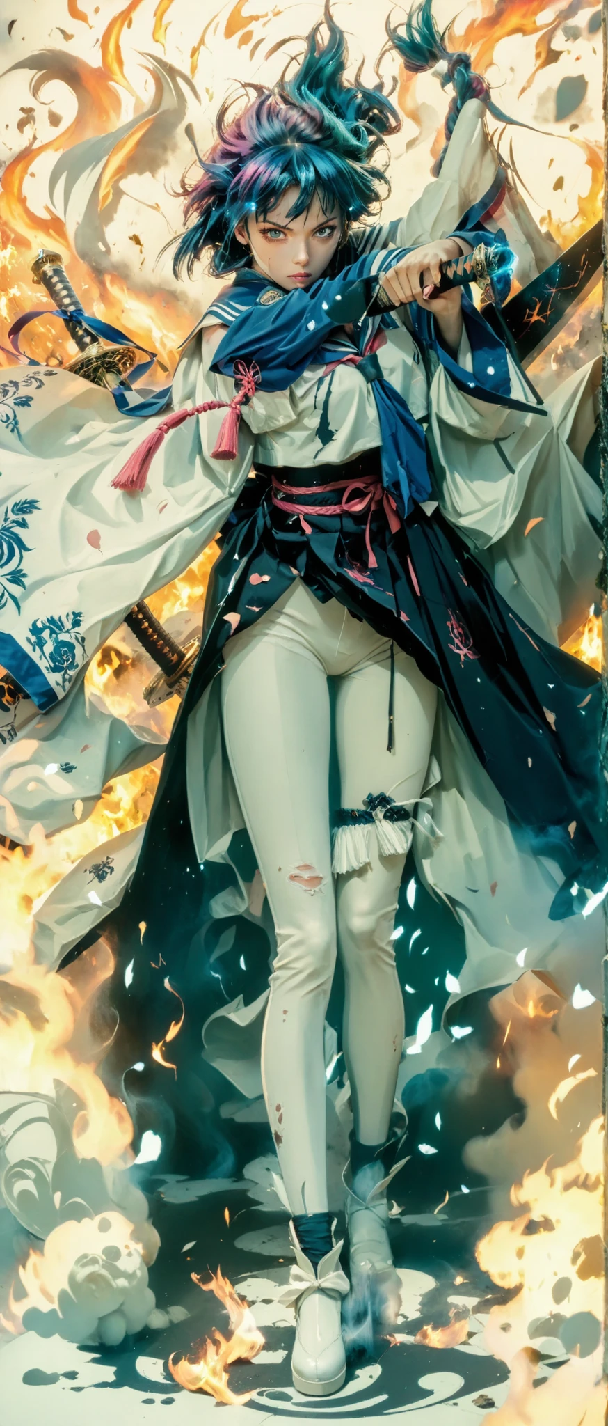 A black and pink high school girl wearing a sailor uniform、Anime girl with a sword, Burning, art style illustration, clean and detailed anime art, inspired by Kano Hogai, she has a sword, Samurai Sword Pulling Out a Sword, Flat anime style , Fate/Stay Night, beautiful anime art style, Anime Painter Studio