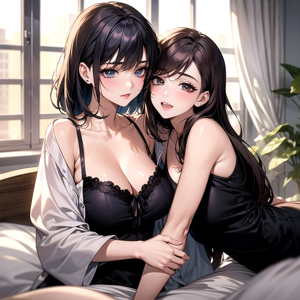 realisticlying、2 females、Polo shirt、Wearing underwear、Bedrooms、realisitic、A sexy、Cleavage emphasis、Face smile、Breasts a little bigger