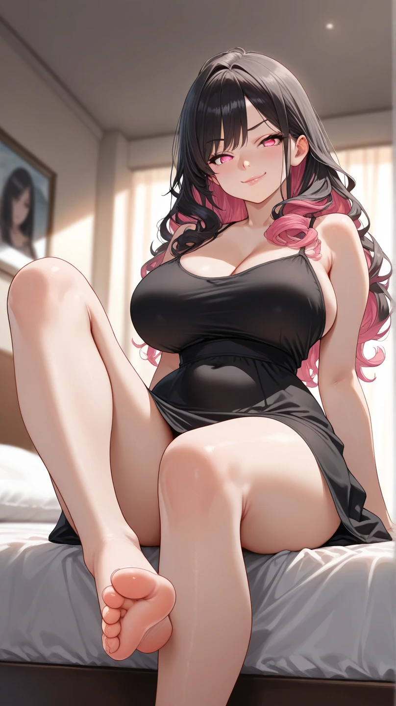 ((Nezuko Komado)), thick thighs, elegant, beautiful, big breasts, big hips, thin waist, (long black wavy hair with pink highlights), maxi dress, masturbation, self-pleasure, lingerie, adultery, indecent, vulgar, (best quality,4k,8k,highres,masterpiece:1.2),ultra-detailed,(realistic,photorealistic,photo-realistic:1.37),intricate details, delicate facial features, beautiful pink eyes, ulzzang, long eyelashes, small nose, full lips, porcelain skin, natural lighting, warm color palette, chiaroscuro lighting, dramatic shadows, sensual, alluring, mature themes, artistic, dreamlike, ethereal, ((arms behind back)), looking at viewer, straight on, white panties,  