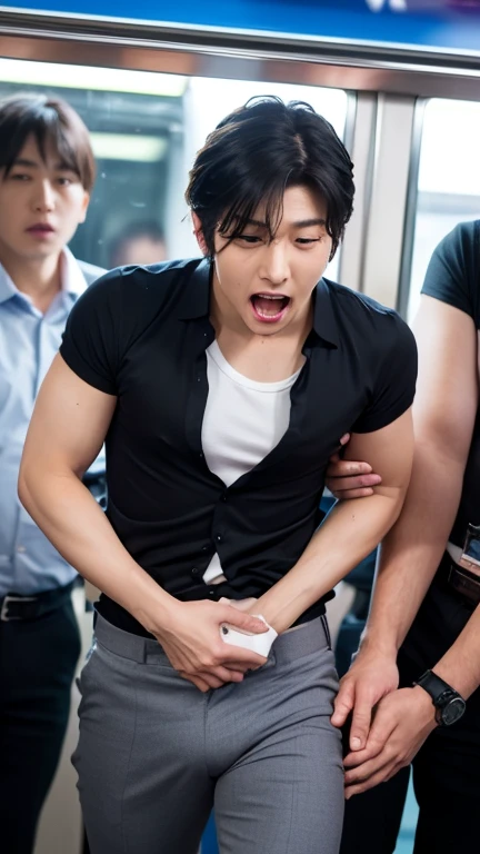 ((Realistic)), (masterpiece, top quality, best quality, official art), very detailed, colorful, most detailed, gods, short hair, black hair, handsome man, pectorals, abs), ((puffy nipples)) , ((swollen nipples)), （big fat ass) , (((nude))) , undress , （big booty） , ((penis)) , ((naked)) , (((((photorealistic))))) , ((handsome)) , ((traffic road )) , ((wide view)) , (((focus of crowd))) , (crowd of men staring at him) spread leg, ((around men fondle him)), (((around man groping him))) , ((gangbang)) , only male , ((missionary)) , ((wide view)) , ((Bondage Torture)) , (bdsm)