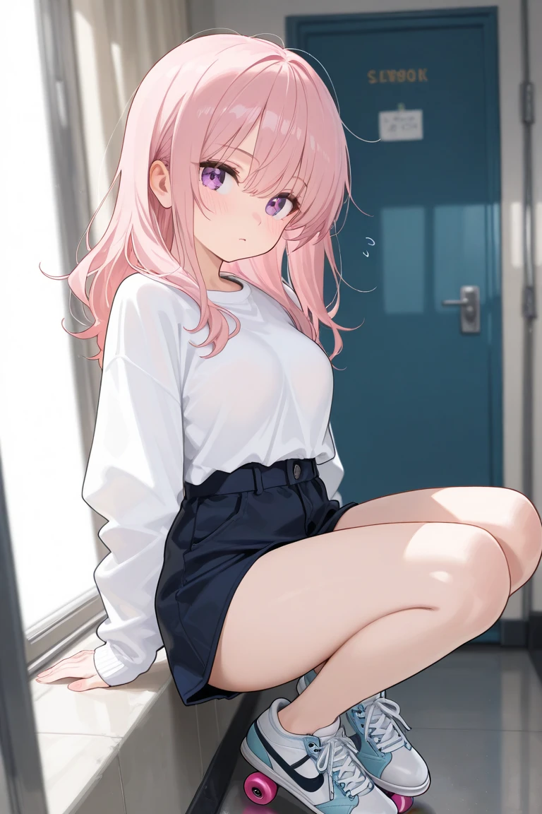 (((((Dildo on the floor:1.5, standing, spread legs:1.5, Point your knees outwards:1.5 ) behind head,spread legs, Push your hips forward,pussy juice , Voluptuous body, Slut、No pants, (Dildo on the floor, standing, spread,arms behind head, Point your knees outwards:1.5, Sweat, Angle from below)))), Realistic composition, Doujinshi scene,, Big Thighs, Pleated skirt, White Shirt, Angry face, blush, from below
