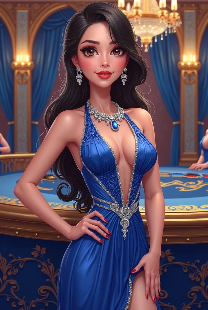 Italian woman, ((black hair)), wavy hair, long hair, hair in a ponytail, blue eyes, lined eyes, shiny eyes, highlights blue eyes, red lipstick, makeup, smile; athletic body, (medium breasts), nipples; (((gold dress))), ((Tight fitting long dress )); earrings, necklace, bracelets; outdoor midnight stars and fireworks, standing, front view.