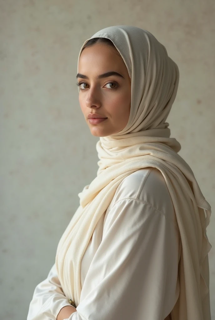 "Create an image of a woman wearing a stylish hijab, featuring soft, flowing fabric in a neutral color. The background is minimalistic, highlighting the elegance and simplicity of the hijab. The woman's expression is serene, exuding confidence and grace."
