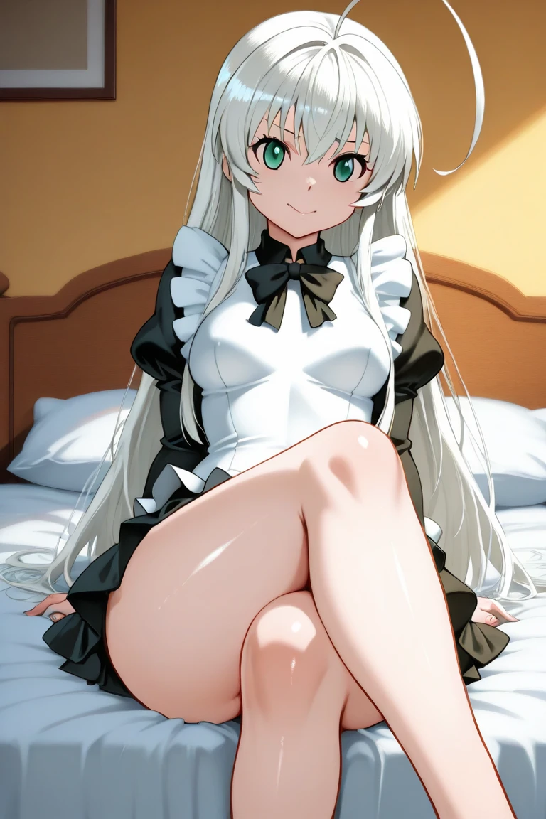 highest quality、masterpiece、((1 girl))、((smile:1.5))、(blush:1.5)、black shirt、blouse、((fun!!))、(small breasts)、dog ears、(silver hair)、()、((white apron:1.5))、((maid))、((hair ornaments)),、Kamimei、look at me、 ((in house:1.5))、 Take a break to watch the audience、((shaved pussy:1.5))、(highly detailed closed labia:1.5)、((pee is coming out:1.8))、peeing、light blue eyes、long hair